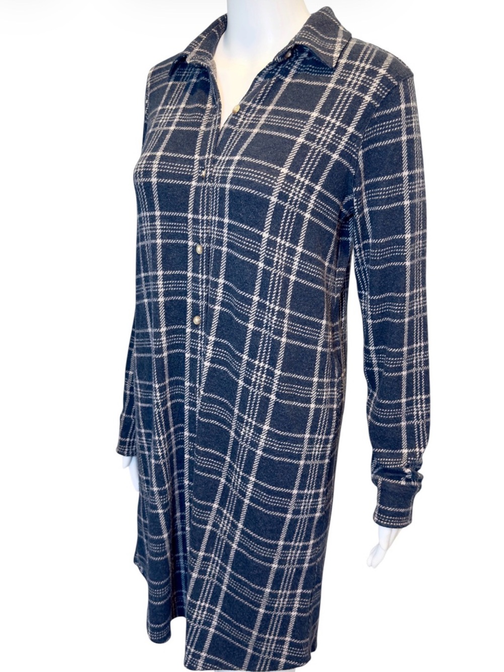Faherty Brand Legend Plaid Knit Flannel Shirt Dress Dakota Navy Blue Small S
